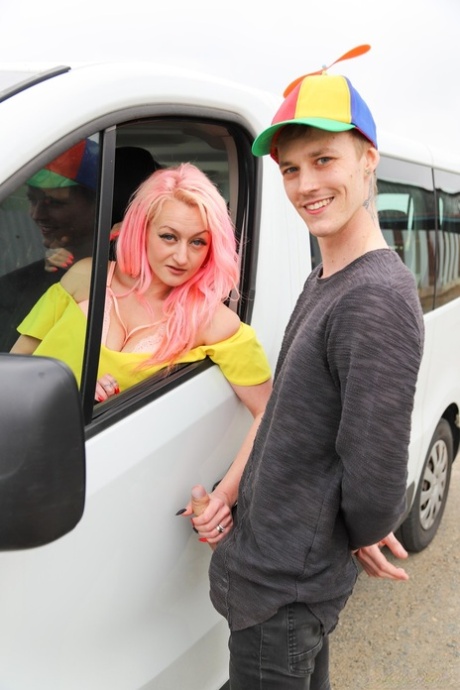 Naughty mature women pick up a young stud for a wild foursome in their van